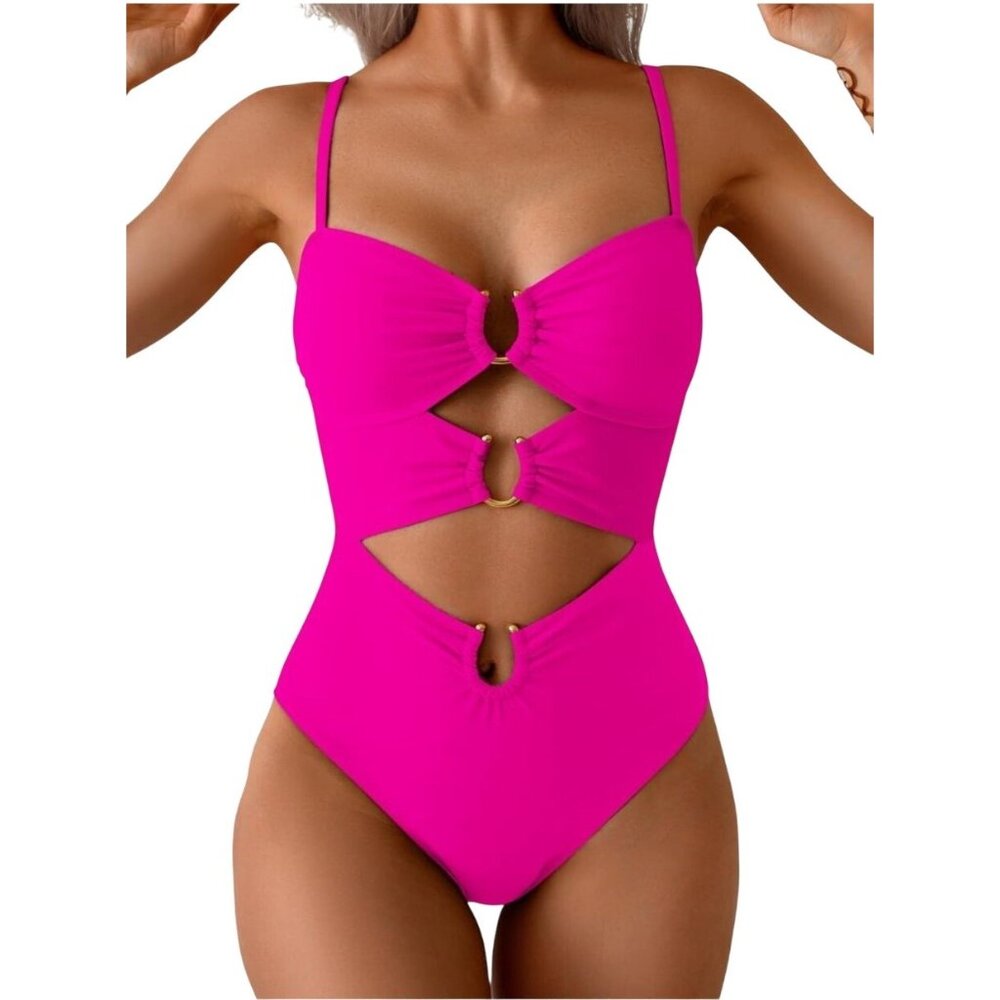 Womens Sexy Large Hot Pink One Piece Swimsuit Ring Linked Cutouts Beach Vacation